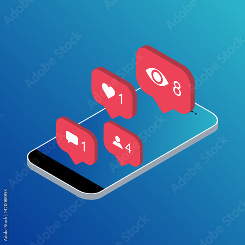 Follower isometric phone notification symbol for application instagram. App button for social media. Vector illustration icon