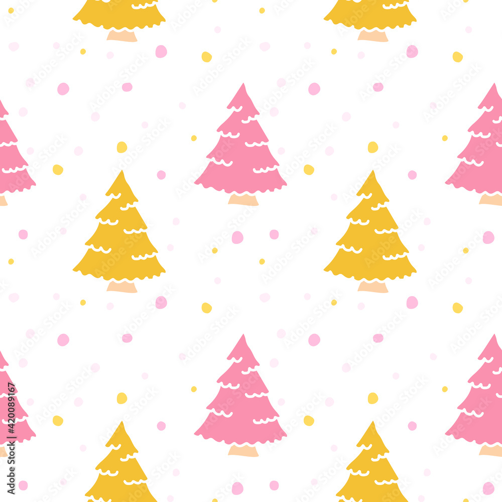 Seamless winter pattern. Background with snowflakes and colorful trees. Perfect for wrapping paper, greeting cards, textile print.
