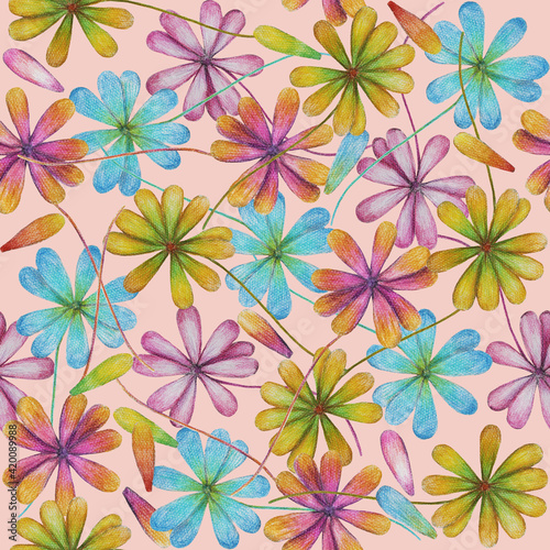Colorful flowers on pink background  tender floral wallpaper  spring and summer textile print. Hand drawn with pencils. Seamless pattern.