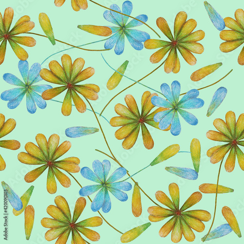 Blue and yellow flowers on light-blue background: tender floral wallpaper, blooming textile print. Hand drawn with pencils. Seamless pattern.
