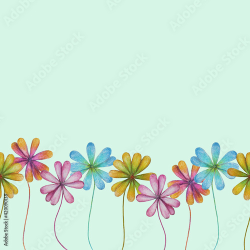Colorful flowers in a raw on light-blue background: tender floral illustration, blooming frame/background for your text. Hand drawn with pencils. Seamless pattern.