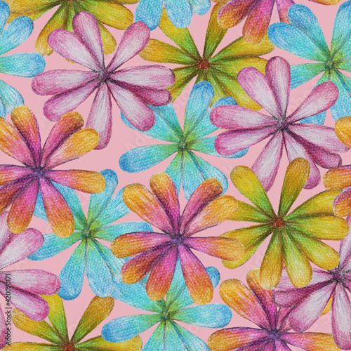 Colorful flowers on pink background: bright floral wallpaper, blooming textile print. Hand drawn with pencils. Seamless pattern.