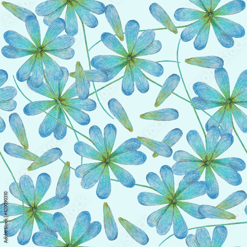 Blue flowers on light-blue background: tender floral wallpaper, spring textile print. Hand drawn with pencils. Seamless pattern.
