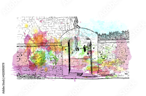 Building view with landmark of Konya is a city south of Ankara in Turkey. Watercolor splash with hand drawn sketch illustration in vector.