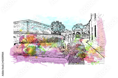 Building view with landmark of Konya is a city south of Ankara in Turkey. Watercolor splash with hand drawn sketch illustration in vector.