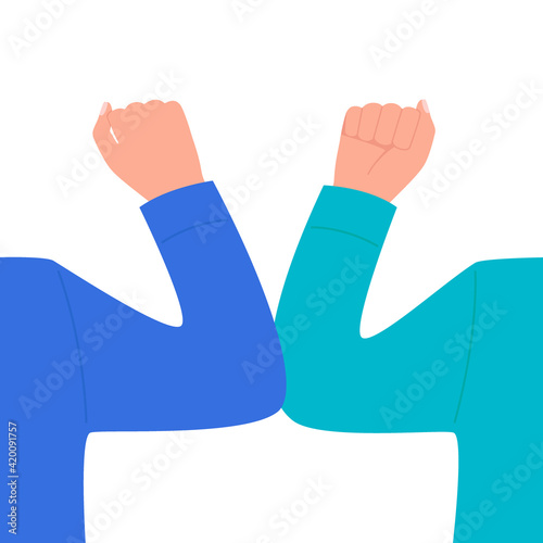 Elbow bump greeting. Safe hello of to avoid spread of coronavirus. Alternative to handshake and hugging. Vector illustration