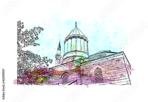 Building view with landmark of Konya is a city south of Ankara in Turkey. Watercolor splash with hand drawn sketch illustration in vector.