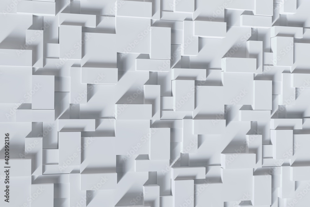 3D rendering, a wall of a chaotic jumble of white rectangular blocks of various sizes, arranged at different heights, casting shadows diagonally. Abstract geometric background. 3D rendering, a wall of a chaotic jumble of white rectangular blocks of various sizes, arranged at different heights, casting shadows diagonally. Abstract geometric background.