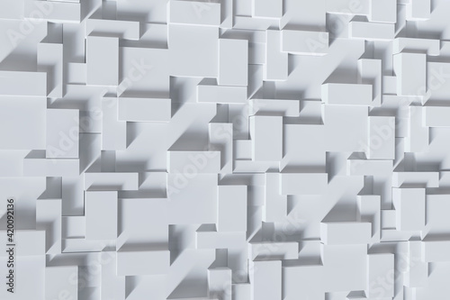 3D rendering  a wall of a chaotic jumble of white rectangular blocks of various sizes  arranged at different heights  casting shadows diagonally. Abstract geometric background.