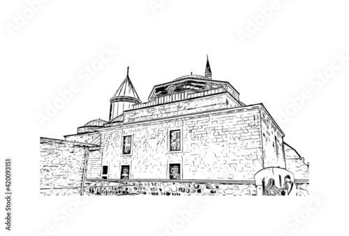 Building view with landmark of Konya is a city south of Ankara in Turkey. Hand drawn sketch illustration in vector.
