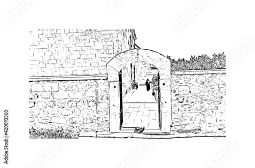 Building view with landmark of Konya is a city south of Ankara in Turkey. Hand drawn sketch illustration in vector.