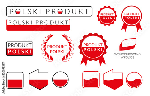 Wyprodukowano w Polsce PRODUKT POLSKI ikona symbol na opakowania, zestaw różnych znaków i logo. Wektor layout made in poland. photo