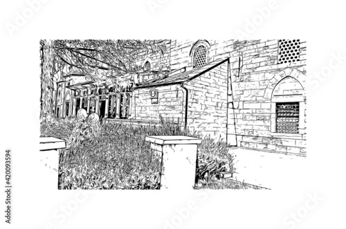 Building view with landmark of Konya is a city south of Ankara in Turkey. Hand drawn sketch illustration in vector.