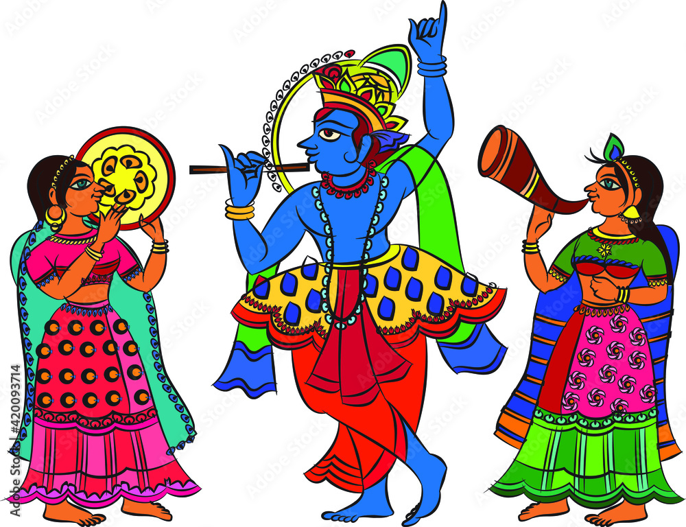 Lord Krishna Indian God of love. in Madhuni painting style on wall, Jaipur, Rajasthan Lord Krishna Indian God of love. in Madhuni painting style on wall, Jaipur, Rajasthan