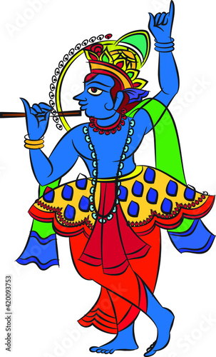 Lord Krishna Indian God of love. in Madhuni painting style on wall, Jaipur, Rajasthan