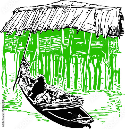 Vector drawing. Prehistoric pile dwellings on the lake with men on a boat