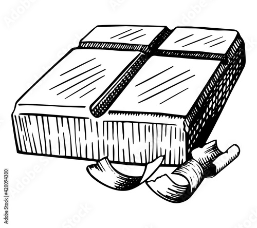 Outline single element of chocolate bar and shavings. Hand drawn vector illustration. Engraving style clipart isolated on white. Black sketch drawing for candy shop, menu decor, design, sticker, wrap.