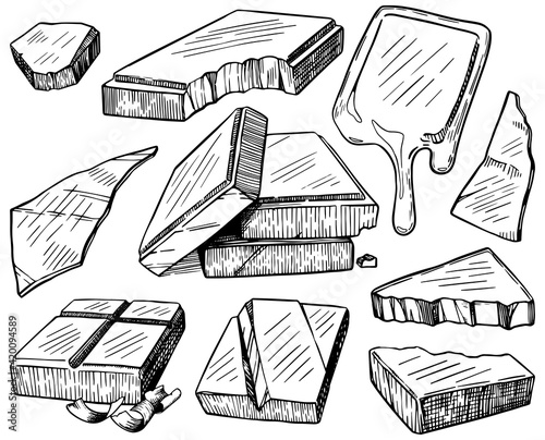 Bars, pieces, shavings of chocolate. Outline set of chocolate. Hand drawn vector illustrations. Engraving style cliparts isolated on white. Black sketch drawing for design, stickers, wrap, candy shop.