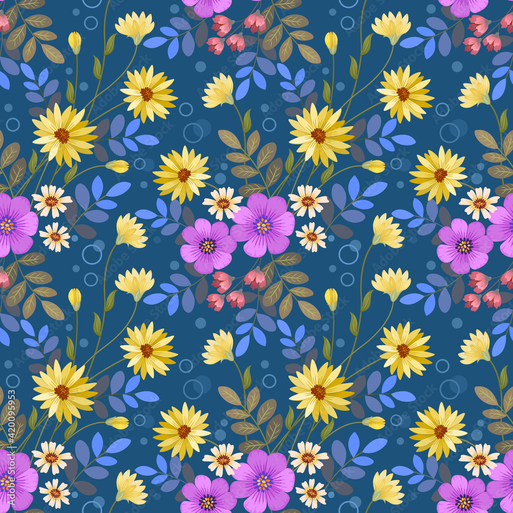 Floral seamless pattern with blue monochrome background for fabric, textile, and wallpaper.