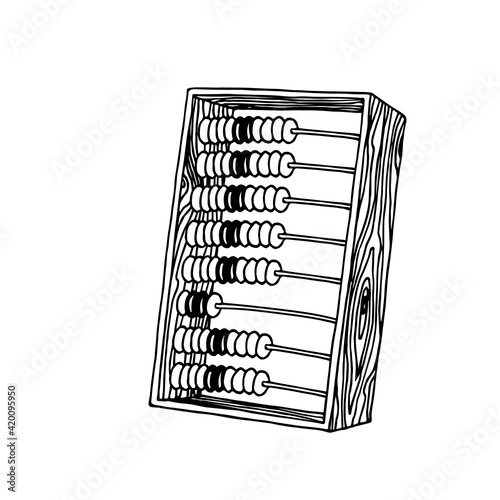 old wooden abacus, accounting equipment, vector illustration with black ink contour lines isolated on white background in doodle and hand drawing style