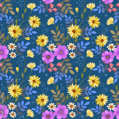 Floral seamless pattern with blue monochrome background for fabric, textile, and wallpaper.