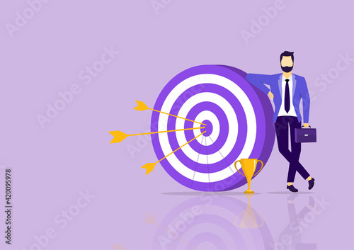 Businessman with huge target with arrows in center and a trophy placed beside. business goals. concept for planning, business strategy, making goals and goal achievement. Vector illustration