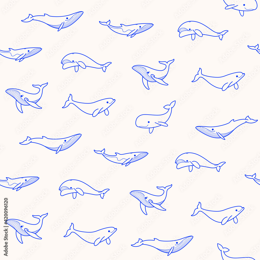 Obraz premium Simple seamless trendy pattern with different types of whales. Flat design print on white background.