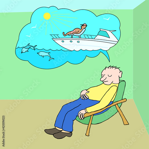 Man thinking about sailing on yacht, imagines future rest. Vector  illustration of dreamy person