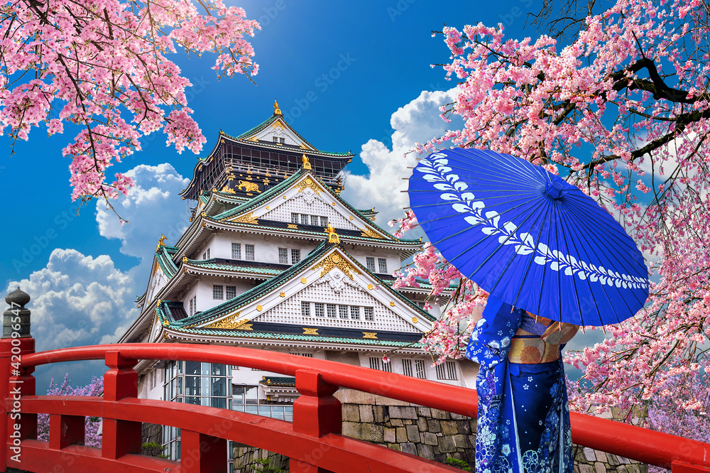 Fototapeta premium Asian woman wearing japanese traditional kimono looking at cherry blossoms and castle in Osaka, Japan.