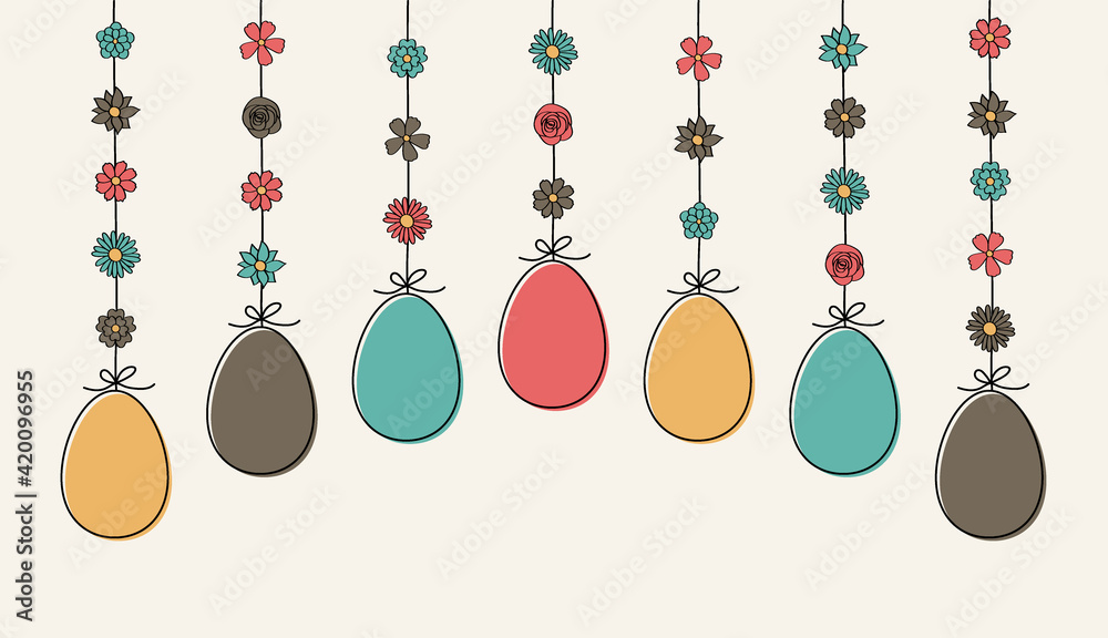 Hanging Easter eggs. Colourful banner. Vector