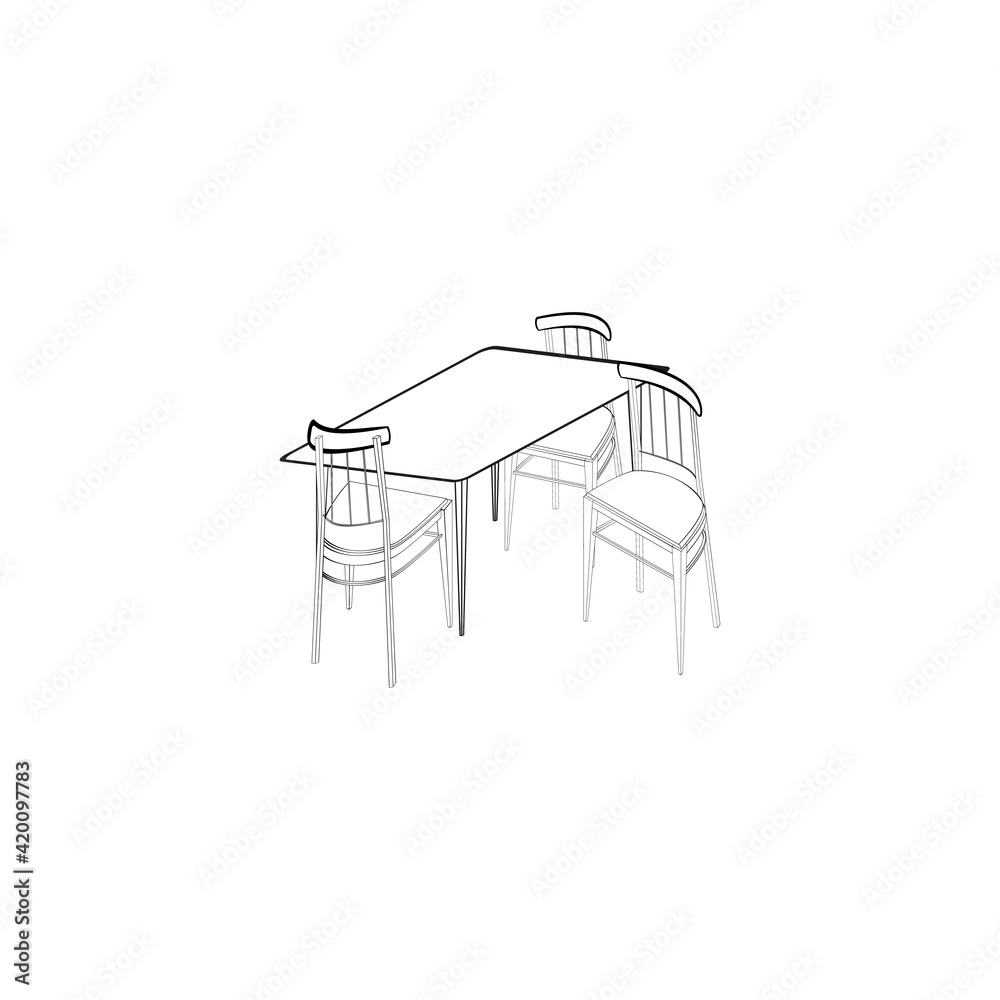 A black and white jpeg illustration of a square table with three chairs isolated on white background. A design element for projects and interior plans, coloring book page A black and white jpeg illustration of a square table with three chairs isolated on white background. A design element for projects and interior plans, coloring book page