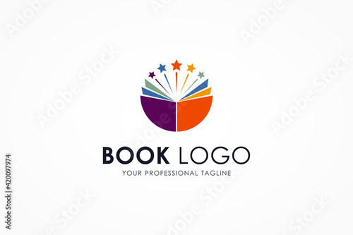 Creative Education Logo. Colorful Open Book Icon with Starburst Combination isolated on White Background. Usable for Business and School Logos. Flat Vector Logo Design Template Element.