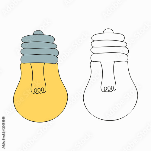 A vector illustration in a retro style of two light glass bulb with a cap and lead wires isolated on white background. Designed in yellow, grey colors as a coloring page for adults and kids.