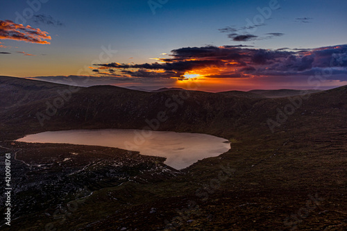 Mountains of Mourne sunset, looking over Loughshannagh and Carn mountain from Doan. Mournes area of outstanding natural beauty, County Down, Northern Ireland