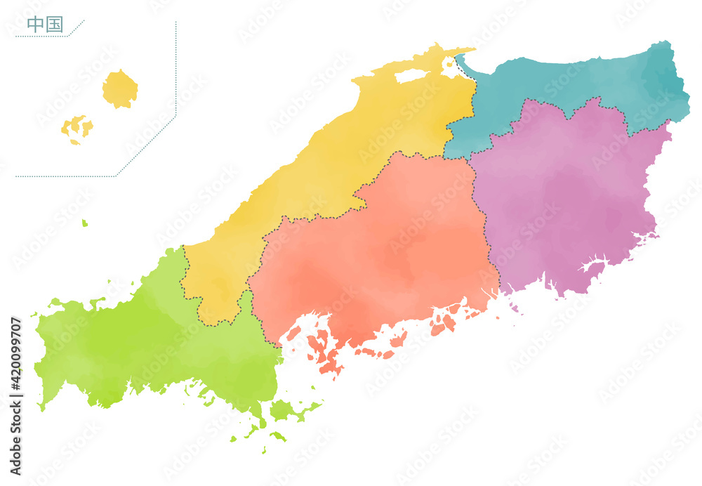 Obraz premium カラフルな水彩風の日本地図 中国地方
