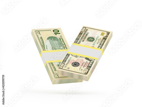 Two bundles of ten dollar bills. 3D illustration  photo