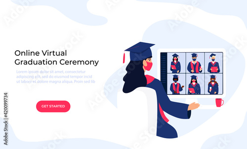 A Virtual Graduation Ceremony for Online Distance Students. Graduates in protective medical masks celebrate during coronavirus quarantine.