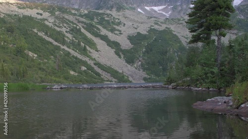 Mountain lake. Cedars on shore, leaves move in wind