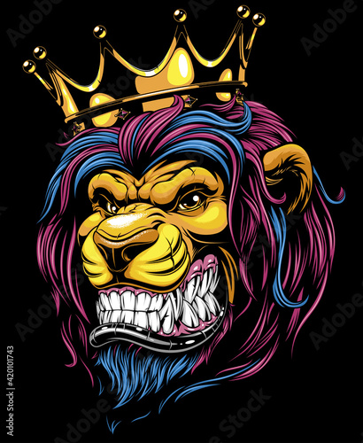 Vector illustration, a ferocious lion in a crown