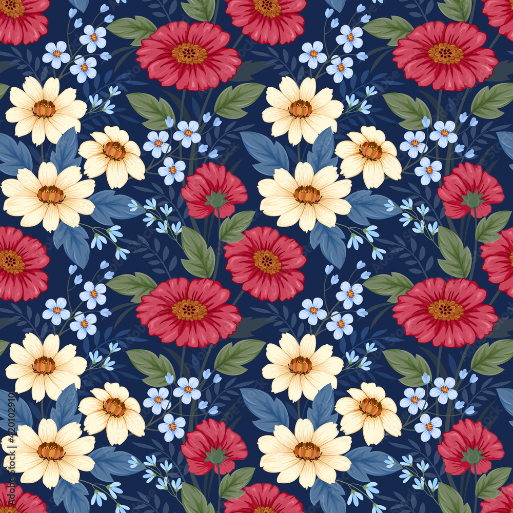 Red and yellow floral seamless pattern with blue monochrome background for fabric, textile, and wallpaper.