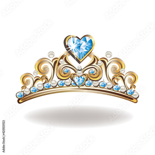 Beautiful crown or tiara of a princess with pearls and pink gems in the shape of a heart vector illustration isolated on white background.