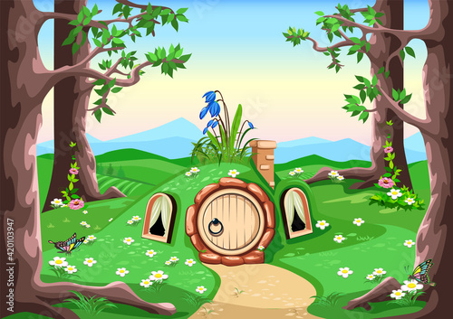 Vector horizontal background fairy tale forest house with a round door and windows stands in a meadow in cartoon style.