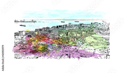 Building view with landmark of  Las Palmas is the 
city in Spain. Watercolour splash with hand drawn sketch illustration in vector.