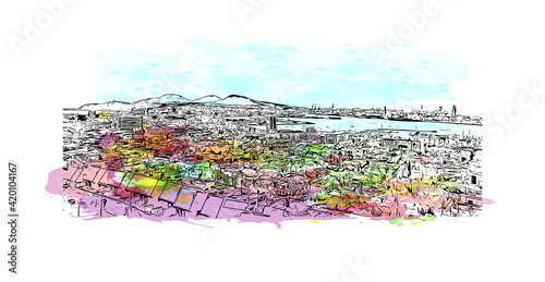 Building view with landmark of  Las Palmas is the 
city in Spain. Watercolour splash with hand drawn sketch illustration in vector.