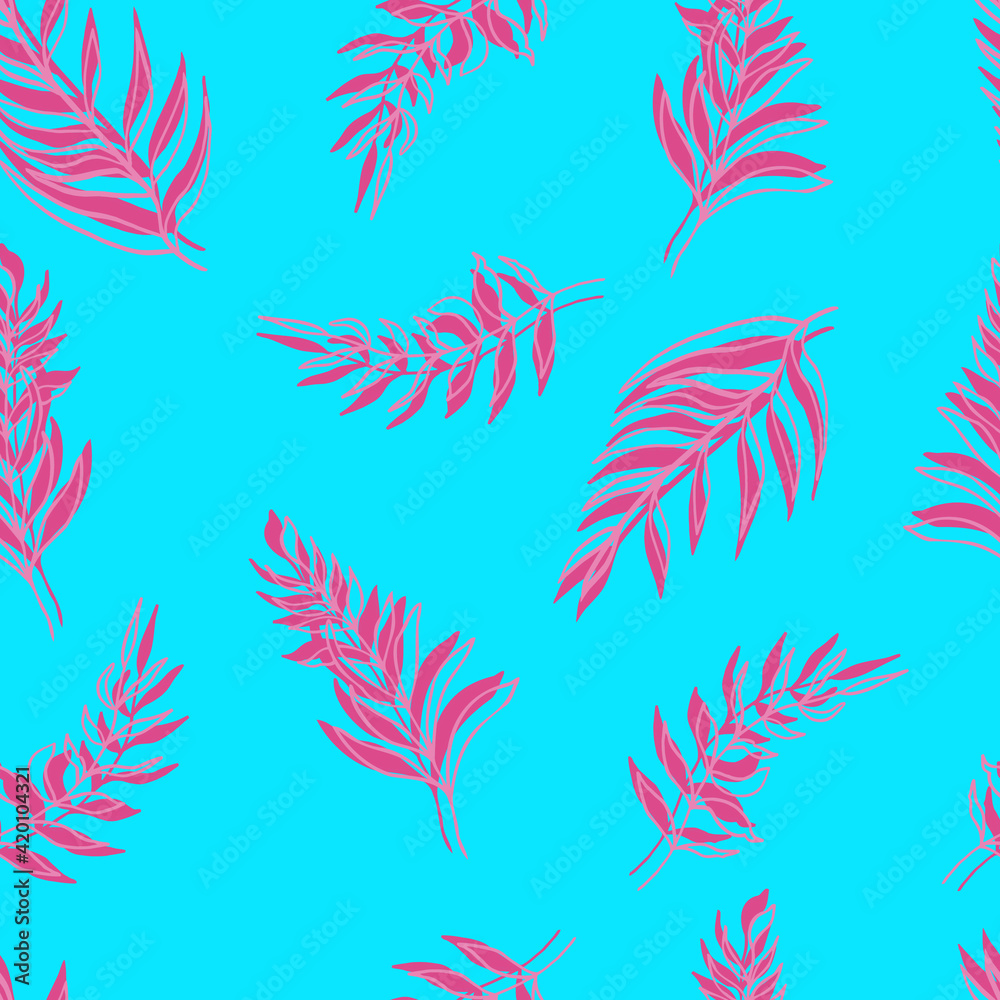 seamless pattern palm leaves pink-lilac leaf and outline on background. For textiles, packaging, fabrics, wallpapers, backgrounds, invitations. Summer tropics hand illustration seamless pattern palm leaves pink-lilac leaf and outline on background. For textiles, packaging, fabrics, wallpapers, backgrounds, invitations. Summer tropics hand illustration