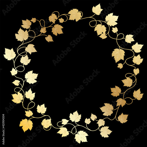 Round golden frame with grape leaves. 