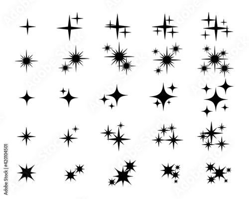 Set of black sparkles. Collection of twinkling star symbol isolated on white background. Cartoon style. Vector illustration. 