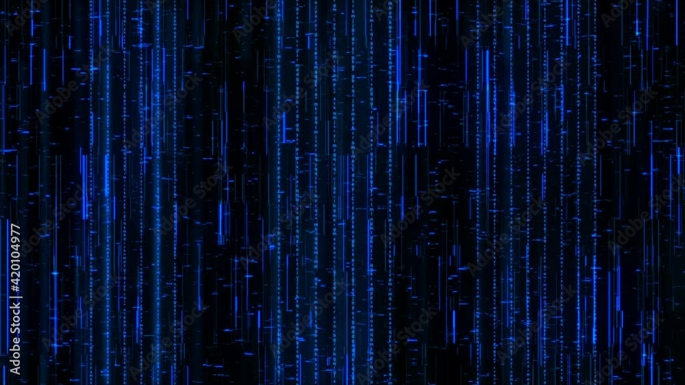Blue background of matrix with binary code. Animation. Set of binary code in matrix space. Matrix software in form of binary code. Code from zero and one in matrix