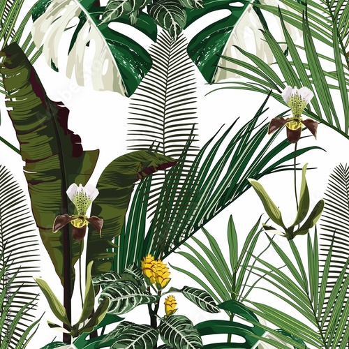 Exotic flowers pattern. Many kind of exotic tropical flowers and palm leaves in summer print. Hawaiian t-shirt and swimwear tile. 