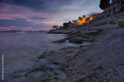  The sunset forms a colored embankment.